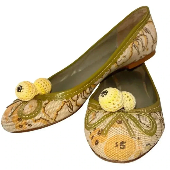 Laura Brandon‎ Anthropologie Women's Canvas Yellow Sage Pom Pom Ballet Flats 7 - Picture 3 of 7
